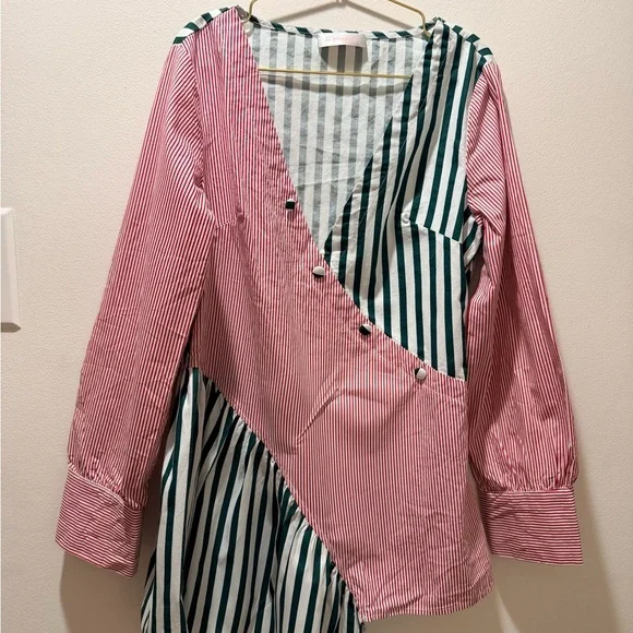 Striped Patchwork Button-Down Blouse in Pink and Green - Picture 1 of 8